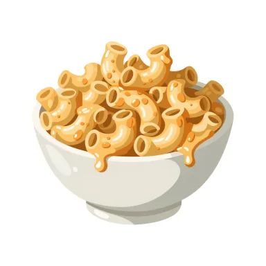 Illustration of macaroni and cheese, boxed, prepared